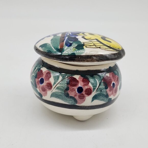 Mexican Hand Painted Ceramic Trinket Box With Floral & Rabbit 3" Diameter - Picture 5 of 8